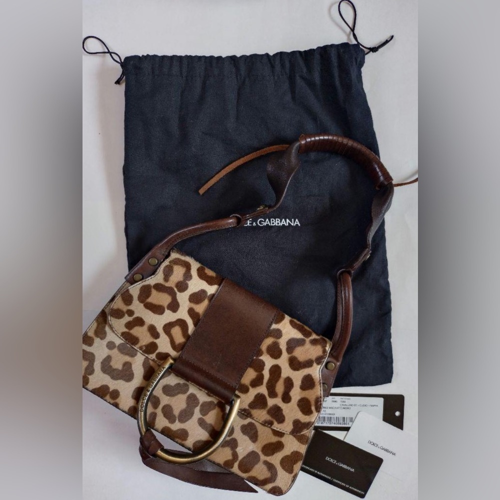 Authentic Dolce & Gabbana Leopard Print Calf Hair and Leather Shoulder Bag